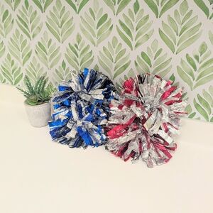 Set Of Cheerleading Pom Poms Red,  Blue, Silver